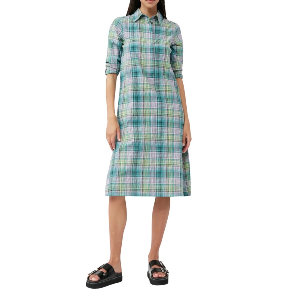 Ganni Seersucker Plaid Shirt Dress Cotton Preppy Coastal Green Blue Size EU 32